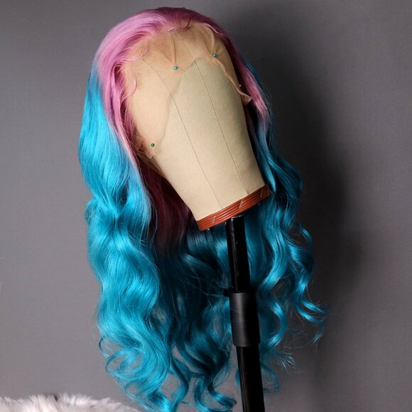 Blue Pink Ombre Lace Front Wig Virgin Human Hair Custom Color Wig - Picture 5 of 7